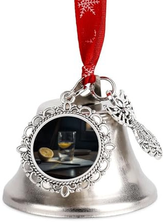 Glass of Water with Lemon Christmas Bell Ornament Shiny Silver Christmas Tree Ornament with Angel Wing and Heart Charms Christmas Tree Bell Pendant with Ribbon for Indoor Outdoor Home Decoration