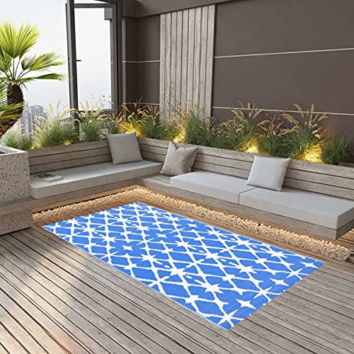 Xichuzi Outdoor-Teppich, Balkon Teppich Wasserfest Outdoor, Terrassenteppich, Camping Teppich Outdoor, Balkonteppich, Blau und Weiß 160x230 cm PP