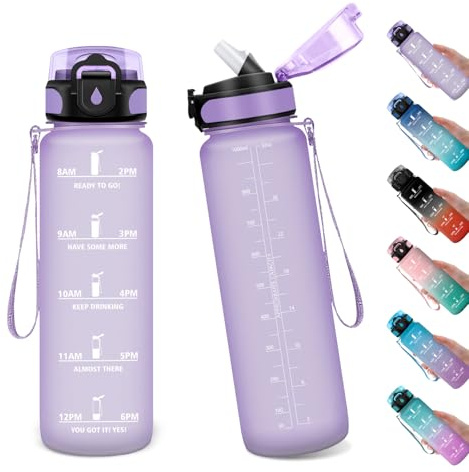 Wasserflasche 1L, Trinkflasche Auslaufsicher, Sport Wasserflasche mit Zeitmarkierung, Wasserflasche mit Strohhalm, Kohlensäure Geeignet, Sportflasche für Fitnessstudio, Oudoor, Schule, Sprudel