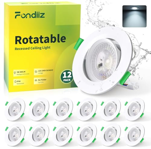Fondiiz 5W Faretti LED da Incasso per Cartongesso Orientabili, Faretto LED Incasso Ultrasottili 480LM Luce Fredda 6000K, IP44 Luci da Soffitto Interno per Bagno, Diametro Foro Ø70-80mm, Set di 12