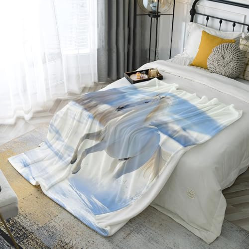 Hügel Himmel Kuscheldecke Flauschig Decke 200 × 200 cm Fleecedecke Weich und Warme,3D Schnee weißes Pferd Wohndecke Flanell als Sofadecke Couchdecke Tagesdecke