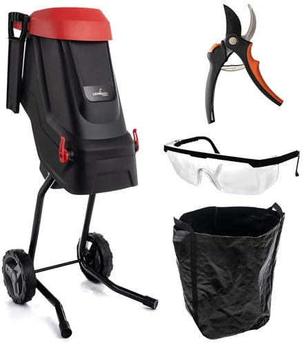 LEHMANN Biotrituratore Elettrico, Spessore di Taglio max. 45mm, Cestino da 45L, Coltello in Acciaio al Carbonio SK5, Silenzioso, Set di Accessori - Forbici e Occhiali di Sicurezza