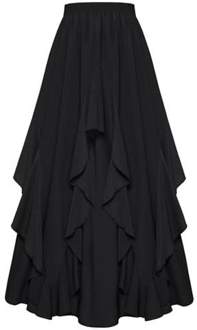 SCARLET DARKNESS Jupe Longue Femme Renaissance Médiévale, Mousseline, Taille Élastique, Ourlet à Volants