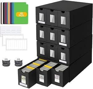 HPGJLEE Caja de almacenamiento de tarjetas con ventanas de exhibición, 48 tarjetas divisoras, color negro