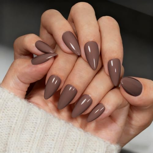 KQueenest Soft Gel Press on Nails Almond – Sheer Nude Braun Nägel zum Aufkleben Mandel Mittel, Einfarbig Taupe Fake Nails, Glänzend Natürlich Künstliche Nägel Set für Frauen, 24 Stück
