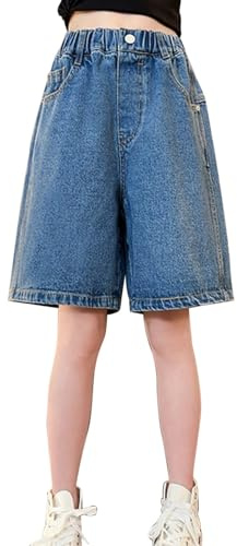 Mjjsk Flickor Jean-shorts elastisk hög midja denim bermudashorts för tonårstjejer säckiga lösa korta jeans sommar trendiga barn streetwear, #A-2-blå, 10-11 År