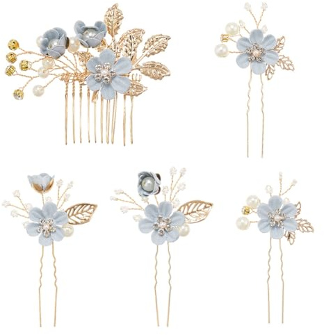 CABODYALS 5 Stück Blaue Blumesn Haarnadeln Kämme Clips Kopfschmuck Zubehör Set Glitzer Gold Blumesn Blätter Perlen Strass Dekorative Haarspange In U Form Haarnadel Für Frauen Hochzeit Braut Abschlussb