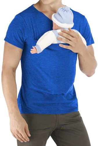Porte-bébé pour homme Generisch, à manches courtes, avec col en V, T-shirt kangourou, confortable, réglable, avec grandes poches, T-shirt fonctionnel, conçu pour le portage de bébé, bleu, XXL