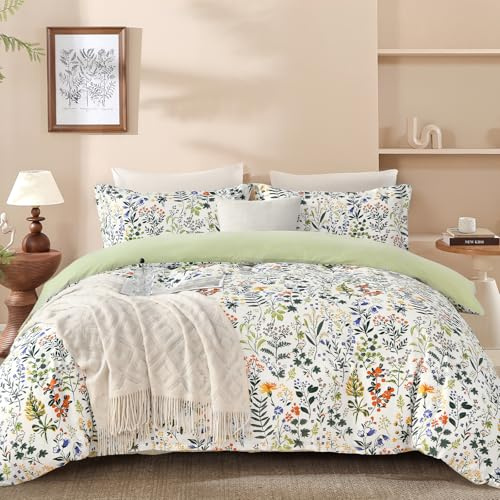 DJY Green Duvet Cover Set Double Size, Floral Leaves Design 3-Piece Bedding Set - Soft Microfiber, Wrinkle-Resistant & Decorative Duvet Cover with Hidden Zipper (Double, 200x200cm)