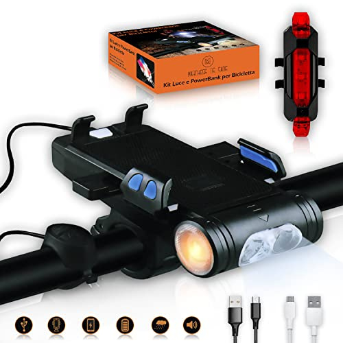 Wiederaufladbares LED-Fahrradlichter-Set – Frontscheinwerfer 4000 mAh mit Powerbank, Handyhalterung, universell verstellbar, Rücklicht rot, 5 Modi, USB für MTB, Straße, Nacht, Camping