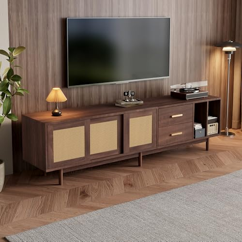 Gxffipw TV Schrank Länge 190 cm für Fernseher bis zu 75 Zoll, Lowboard mit Schubladen und 6 Stützbeinen, Fernsehschrank mit aus Braunem Rattan MDF Material, Wohnzimmer Möbel TV Board, Braun