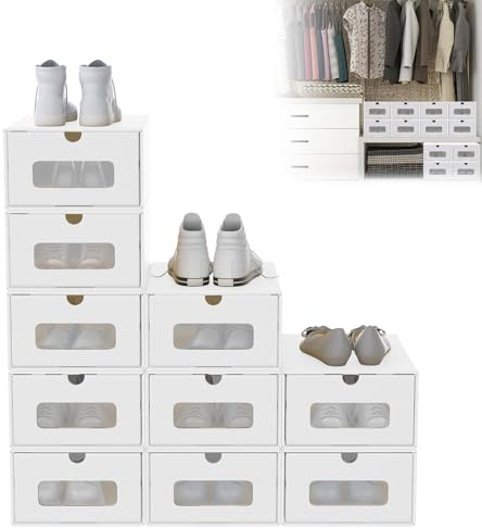 UISEBRT Set di 10 scatole per scarpe, impilabili, con finestra trasparente, per cameretta dei bambini, ufficio, soggiorno, camera da letto, bianco