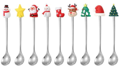 TMTGTS Set di posate natalizie, 7 pezzi, argentate, cucchiai di Natale, cucchiai di Natale, cucchiai di mescola, cucchiai da dessert, cucchiaini da caffè, cucchiai da torta