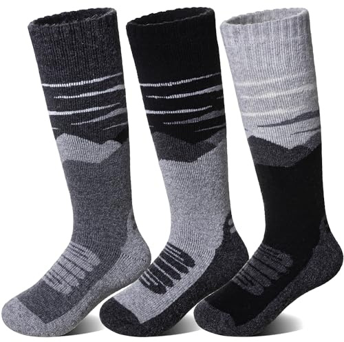 SeeyAN Kids Merino Wool Ski Socks Boys Girls Thermal Warm Boot Thick Winter 3 Pairs Cozy Socks For Skiing & Snowboarding (Black/Grey/Dark Grey, 8-12 Years)