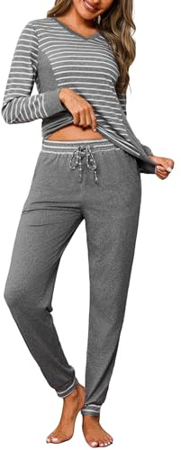 Crewhpo Pijama Mujer Invierno Algodón Pijamas a Rayas Largo Ropa de Dormir