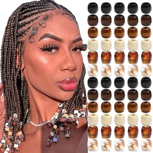 Auroriel 60 Stück Holz Haarperlen Multi Style für Zöpfe Dreadlocks Braid Clips DIY Haar Schmuck mit Einfädelhilfe