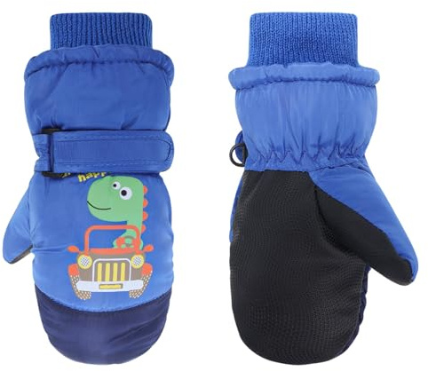 Jupsk Kids Winter Ski Gloves Dinosaur Mittens Waterproof Anti Slip Plush Warm Snowboard Gloves for Children Boys Age 3-5 Blue