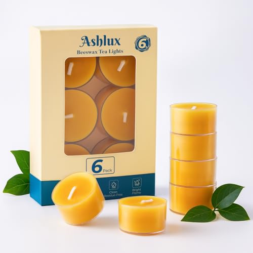 Ashlux Lot de 6 Bougies Chauffe-Plat en Cire d’Abeille Naturelle Jaune, 6 Heures de Combustion Propre, Sans Parfum, Godet Transparent – Décoration pour Noël, Mariage et Maison