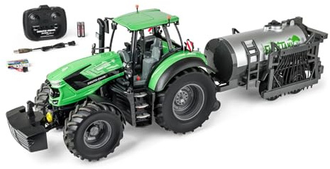 Carson 1:16 Trattore Deutz 8280TTV con rimorchio cisterna 100% - Trattore RC, veicolo telecomandato con luci e suoni, batterie e telecomando inclusi, Bulldog telecomandato