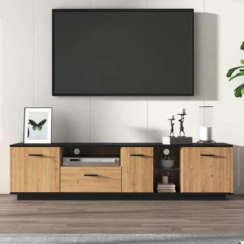 Merax TV Cabinet with LED Lights,TV Stand,180x37x45cm Modern Wood TV Unit with Storage Lowboard for Living Room,3 Doors,Drawer & Glass Shelves,Black/Natural Finish