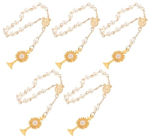 Ipetboom 5Pcs Christian Baptism Pearl Bracelets for – Gold Beaded Prayer Wrist Chains with Cross and Chalice Charms, Shower and Party Religious Jewelry