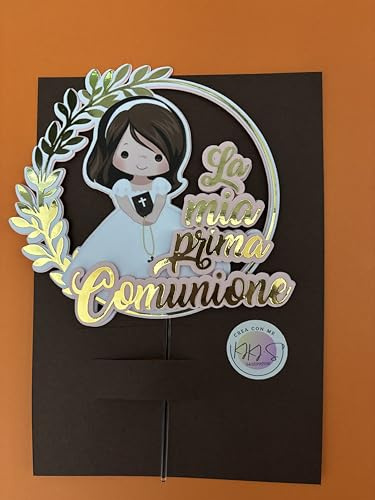 Topper per Torta La Mia Prima Comunione, Effetto 3D, Rosa Oro e Bianco, Decorazione Torta con Bambina e Foglie