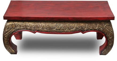 Oriental Galerie Wohnzimmertisch Couchtisch Opiumtisch Spiegelstein Verzierung Shabby Antik Look Vintage Retro Used 1m x 50cm Holz Gold Antik Asien Thailand, Farbe:Rot Gold