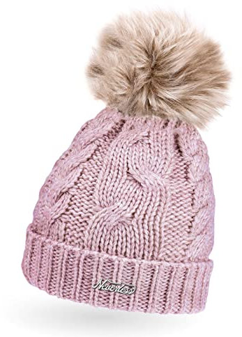 Neverless® Damen Strickmütze mit Bommel Grobstrick Pudelmütze mit Fellbommel Fake Fur Wintermütze Rosa Unisize