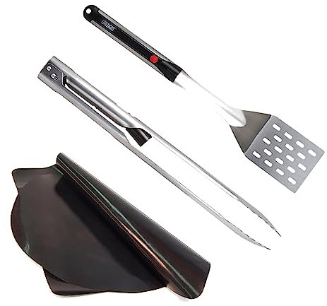 Grill Light Grill Spatula Tongs Grilling Mat Gift Set | Restaurant Grade Stainless Steel | LED Light to Grill in The Dark | Waterproof & Dishwasher Safe | Camping Barbecue Grilling Tongs Spatula