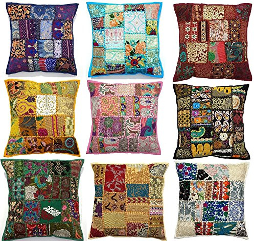 Labhanshi 10 x Indian Sari Printed Patchwork Embroidered Throw Pillow Covers 17x17 Inches Handmade
