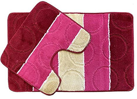 Lizzy 2Pcs Bath Mat Set | Non Slip Absorbent Bathroom Mat Set | 78 x 49CM Bathroom Mat and 40.5 x 47.5 CM U Shape Toilet Rug (Red)