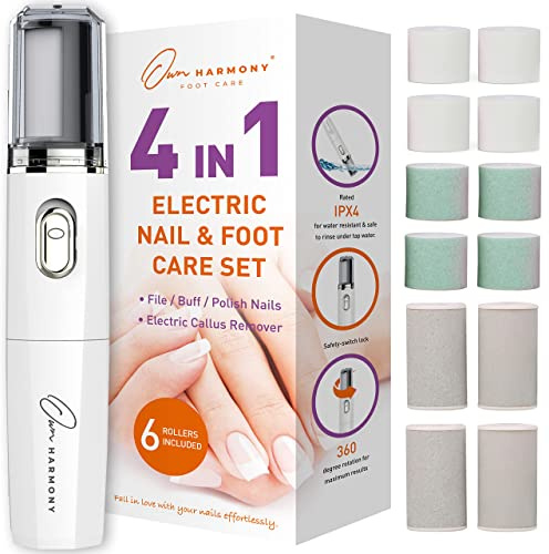Own Harmony Electric Nail Buffer with Callus Remover Foot Care and 12 Rollers Bundle: Manicure Pedicure Tools Shine Kit - Best Electronic Mani Pedi Polisher Set to Buff, Polish, File Thick Toenails