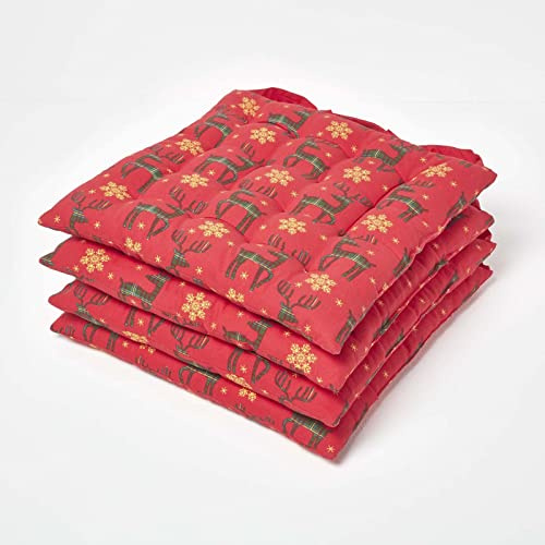 Homescapes 4er Set Weihnachts-Stuhlkissen 40x40 cm Rentier rot – Sitzkissen Weihnachten mit Baumwollbezug, Sitzpolster für Esszimmerstühle, waschbar & Oeko-TEX-Zertifiziert