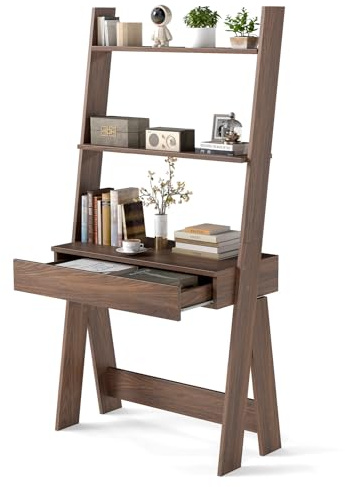 Tangkula Scrivania a scaletta con piano di lavoro e cassetto, scrivania autoportante a 2 ripiani, moderna scrivania per computer portatile con libreria, dispositivo anti-ribaltamento (noce)