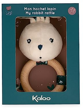 Kaloo - K'Doux - Baby-Beißring - Ring aus FSC-Holz - Plüschhase mit Glöckchen - Fördert die Entwicklung - Stimuliert die Sinne - Natur-Motiv - Ab Geburt, K216000