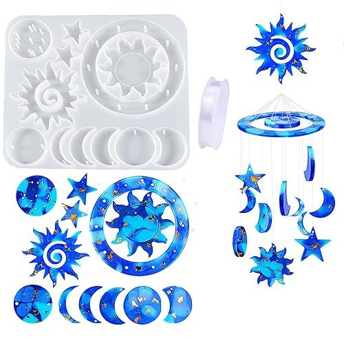 KAKOLOPT Solar Wind Chime Silicone Moon Sun Dream Catcher Resin Moulds | Moons Star Epoxy Resin Molds Craft Casting Kit for DIY Wind-Bell Decorations Eid Ramadan Homemade Garden Decor