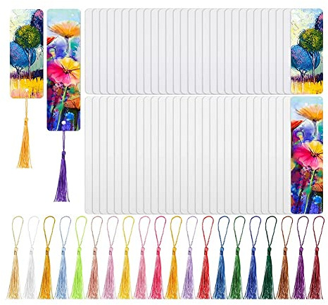Nudiuhis 35 StüCk Leere Sublimations-Lesezeichen, Thermotransfer-Sublimations-Lesezeichen mit Loch und 35 StüCk Quasten