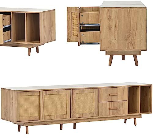 kubeier TV Lowboard Vintage, TV Schrank Holz 190 cm mit 2 Offene Fächer, Rattan-TV-Ständer für 80-Zoll-Fernseher, Rustikaler Design Fernsehtisch für Wohnzimmer Schlafzimmer