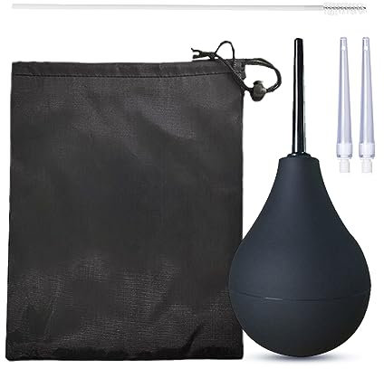 SKHAOVS Enema Bulb Douche Comfortable Silicone Enema Kit for Men Women, Reusable Douche Kit with 2 X Reusable Silicone Slim Nozzle and 1 X Cleaning Brush,160 ML Rubber Washing Cleaning Kit (Black)