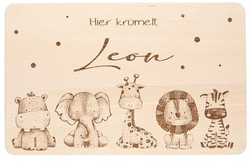 Individuelles Holzbrett mit Gravur für Kinder - Personalisiertes Frühstücksbrettchen - Motiv Safari Friends mit Namen