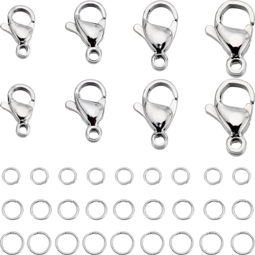 SUNNYCLUE 1 låda 230 st hummerlås i rostfritt stål, öppna hoppringar, 80 st 4 storlekar, små smycken, lås, koppling, armband, klämmor, stängningar, 150 st, 3 storlekar, bindringar för
