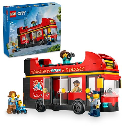 LEGO City Red Double-Decker Sightseeing Bus Toy Vehicle Set, Birthday Gift for 7 Year Olds, London Bus, for Kids, Double-Decker Bus Toy, 5 Characters Including a Baby and Stroller, 60407