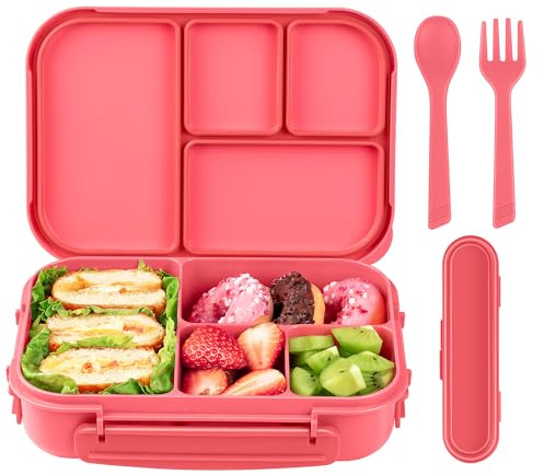 Amathley Brotdose Kinder mit FäChern,Bento Box Kinder,Brotdose Erwachsene,1200ml Lunchbox mit 4 FäChern und Besteck,Mikrowellen und SpüLmaschinenfest,BPA-Frei und Wiederverwendbar (Rosa Beere)