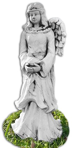 FABRIQ Engel mit Vogel 44 cm – Steinguss Engelsskulptur für Gartendeko – Wetterfest & frostsicher – Detailreiche Steinfigur für Außen