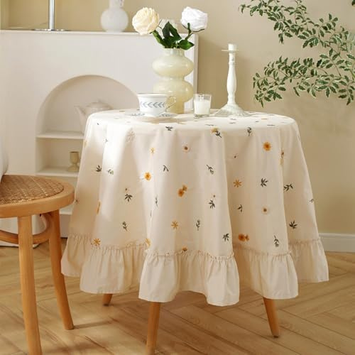 ANAZOZ Runde Tischdecke 120cm, Tischdecke Beige Baumwolle Tischdeko Hochzeit Rustikal Zum Sticken, mit Rüschen