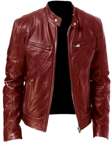 Giacca in ecopelle da uomo, giacca da motociclista da uomo, giacca da motociclista da uomo con colletto alla coreana e bomber leggero, Rosso, L