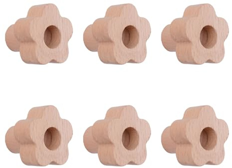 MOROBOR Holzknöpfe in Blumenform, 6 Stück, handgefertigt, natürliche Holzknäufe aus Buchenholz mit einem Loch für Schublade, Schrank, Kommode, mit Schrauben und Erweiterungsrohr