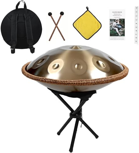 Handpan drum 440 Hz, 9 Töne 22 Zoll Steel Handpan Instrument, Steel Tongue Drum in D-Moll Steel pan mit Handtaschen, Gold handpan trommel für Sound Healing, Meditation, Yoga