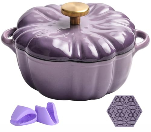 Teglia bassa con coperchio, casseruola in ghisa, forno olandese a forma di zucca, forno olandese in ghisa, pentola a forma di zucca, pentola smaltata con coperchio antiaderente(1.8L)