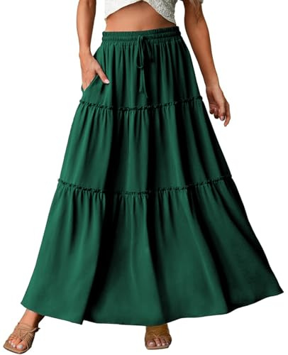 Genfien Damkjolar elegant maxikjol elastisk midja veckad en linje kjolar boho för fest sommar enkel vardaglig, gRÖN, XL